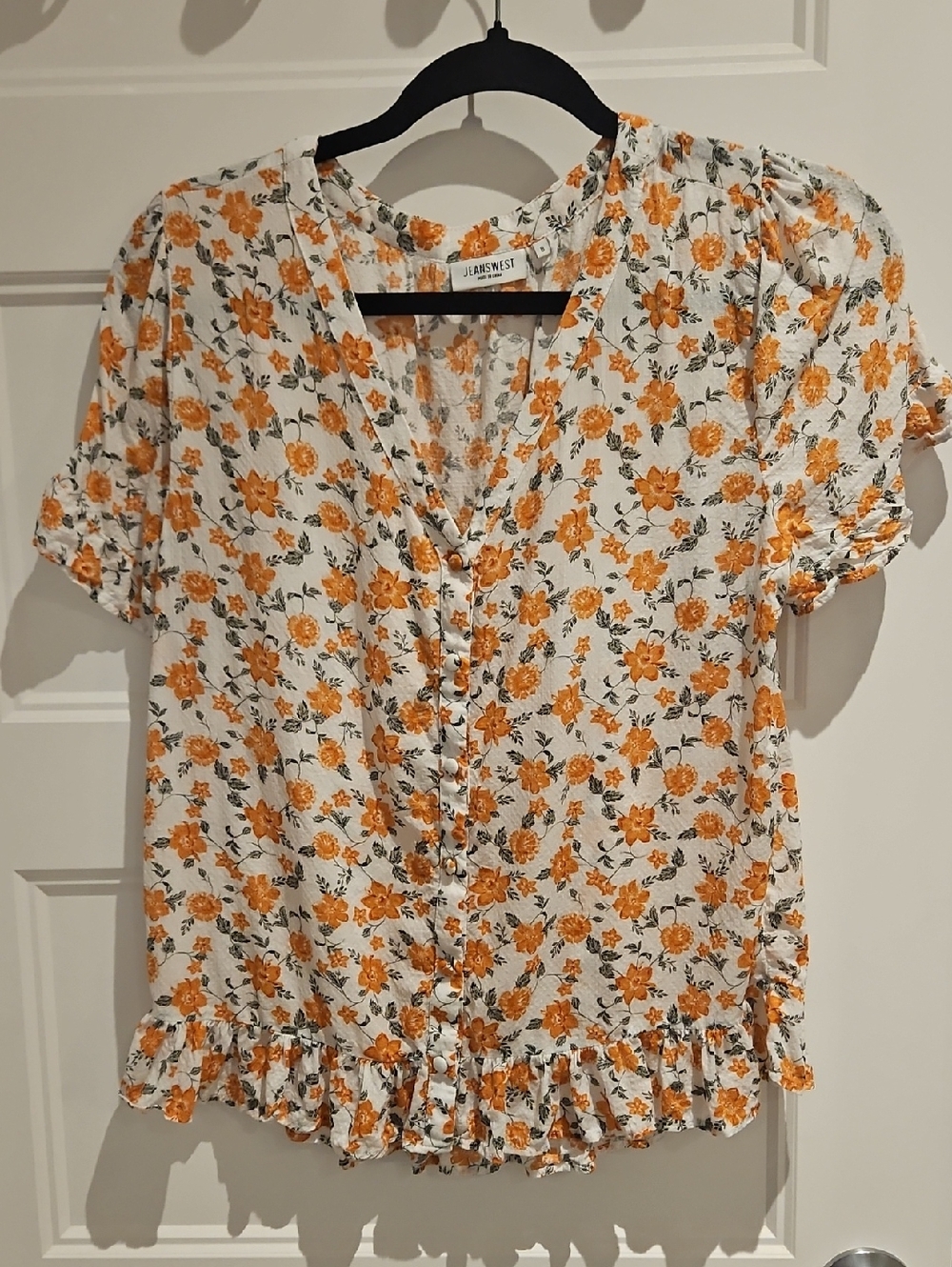 White Floral Button-Front Blouse with Orange Print